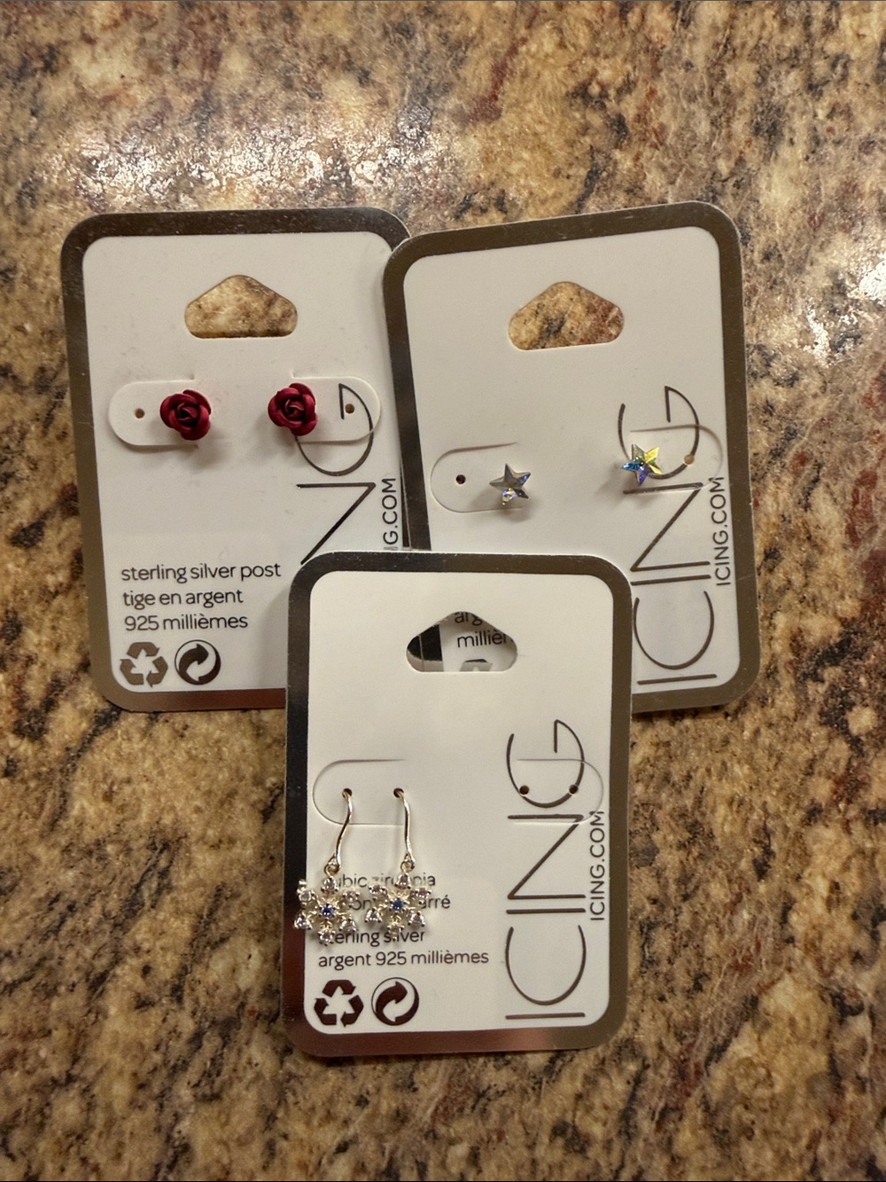 Icing Earrings — Red Rose Studs, star Studs & snowflake Dangle sterling silver